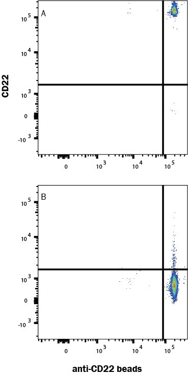 Fluorescent beads conjugated to anti-Human Siglec 2/CD22 Monoclonal Antibody were stained with (A) Recombinant Human Siglec 2/CD22 Protein, Atto 488 Conjugate or (B) unstained.